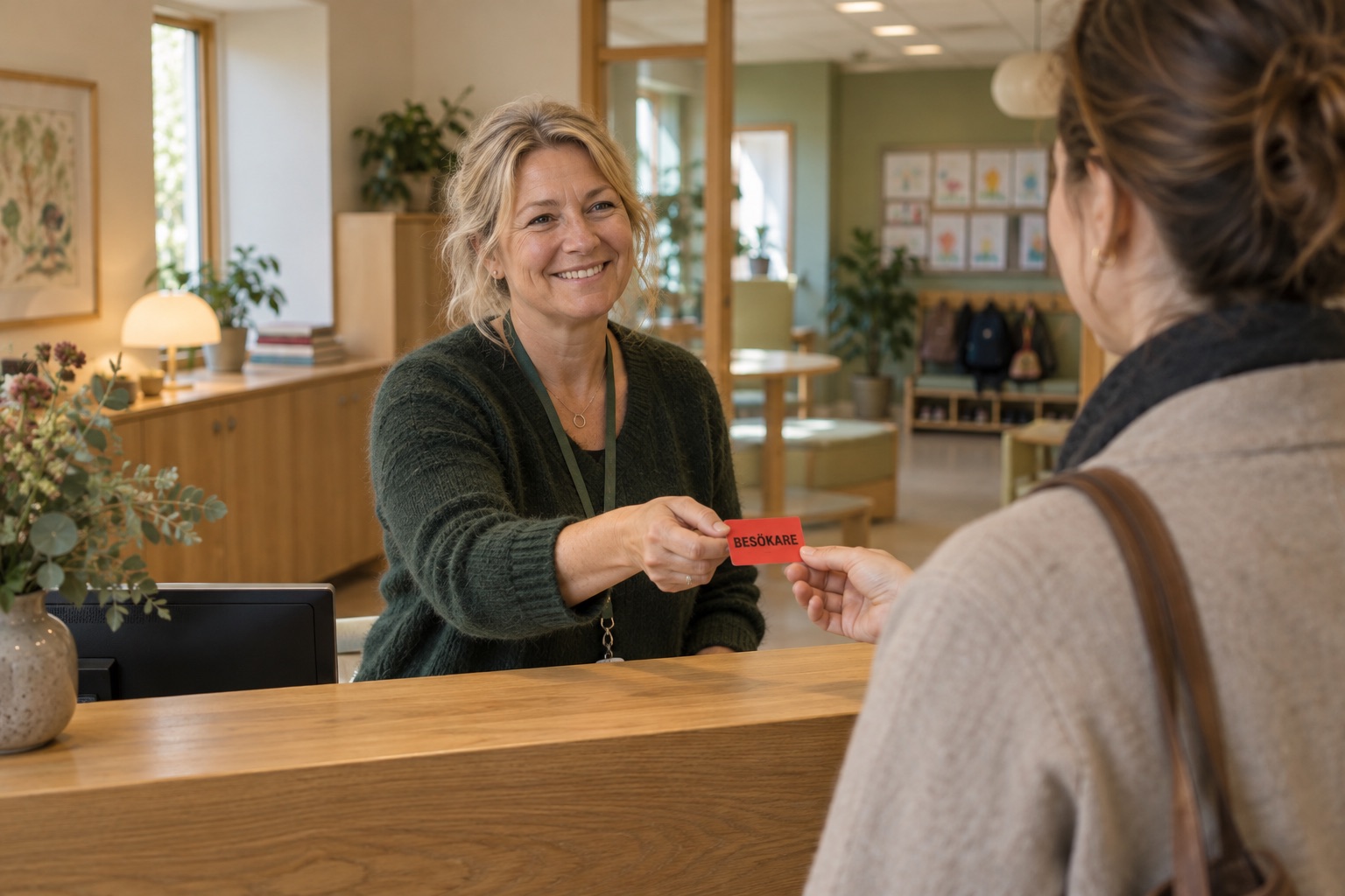 En receptionist välkomnar en besökare med en röd besöksetikett.